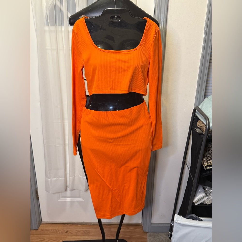 SHEIN Orange Pencil Skirt Knee-Length Set